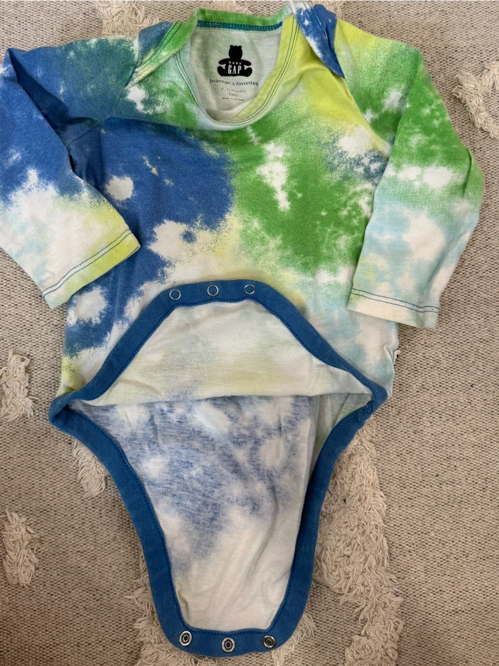 GAP Long-Sleeve Tie-Dye One-Piece Bodysuit in Blue, Green & Yellow